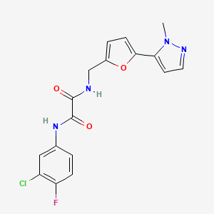 molecular formula C17H14ClFN4O3 B2596473 N'-(3-Chloro-4-fluorophenyl)-N-[[5-(2-methylpyrazol-3-yl)furan-2-yl]methyl]oxamide CAS No. 2415489-30-2