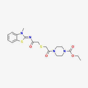 molecular formula C19H24N4O4S2 B2596486 Ethyl 4-[2-[2-[(3-methyl-1,3-benzothiazol-2-ylidene)amino]-2-oxoethyl]sulfanylacetyl]piperazine-1-carboxylate CAS No. 1164516-42-0