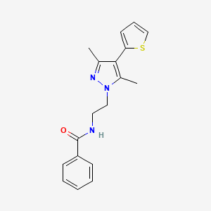 molecular formula C18H19N3OS B2596508 N-(2-(3,5-二甲基-4-(噻吩-2-基)-1H-吡唑-1-基)乙基)苯甲酰胺 CAS No. 2034554-92-0