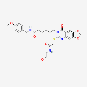 molecular formula C28H34N4O7S B2596556 6-[6-[2-(2-methoxyethylamino)-2-oxoethyl]sulfanyl-8-oxo-[1,3]dioxolo[4,5-g]quinazolin-7-yl]-N-[(4-methoxyphenyl)methyl]hexanamide CAS No. 688061-02-1