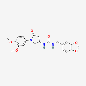 molecular formula C21H23N3O6 B2596559 1-(Benzo[d][1,3]dioxol-5-ylmethyl)-3-(1-(3,4-dimethoxyphenyl)-5-oxopyrrolidin-3-yl)urea CAS No. 894017-50-6