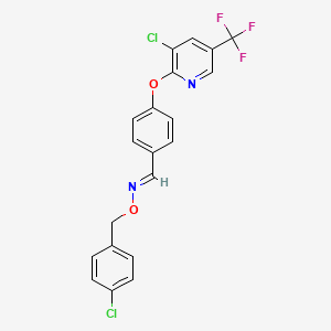 molecular formula C20H13Cl2F3N2O2 B2596578 (E)-[(4-{[3-chloro-5-(trifluoromethyl)pyridin-2-yl]oxy}phenyl)methylidene][(4-chlorophenyl)methoxy]amine CAS No. 1092346-35-4