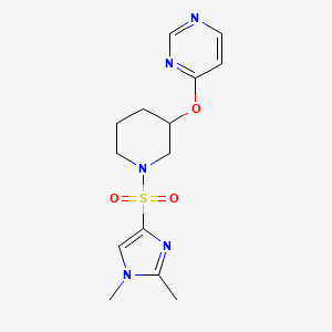 molecular formula C14H19N5O3S B2596585 4-((1-((1,2-二甲基-1H-咪唑-4-基)磺酰基)哌啶-3-基)氧)嘧啶 CAS No. 2034277-42-2