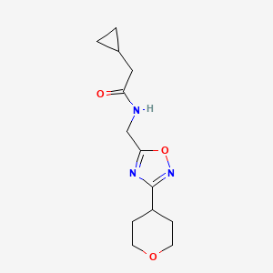 molecular formula C13H19N3O3 B2596652 2-cyclopropyl-N-((3-(tetrahydro-2H-pyran-4-yl)-1,2,4-oxadiazol-5-yl)methyl)acetamide CAS No. 2034517-88-7