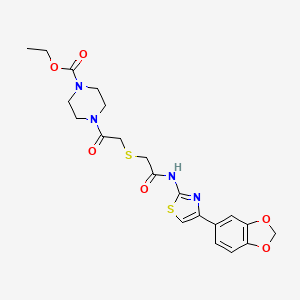 molecular formula C21H24N4O6S2 B2596667 4-[2-[[2-[[4-(1,3-Benzodioxol-5-yl)-2-thiazolyl]amino]-2-oxoethyl]thio]-1-oxoethyl]-1-piperazinecarboxylic acid ethyl ester CAS No. 681225-04-7