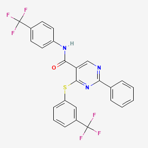 molecular formula C25H15F6N3OS B2596677 2-phenyl-N-[4-(trifluoromethyl)phenyl]-4-{[3-(trifluoromethyl)phenyl]sulfanyl}-5-pyrimidinecarboxamide CAS No. 477859-56-6