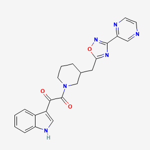 molecular formula C22H20N6O3 B2596698 1-(1H-吲哚-3-基)-2-(3-((3-(吡嗪-2-基)-1,2,4-恶二唑-5-基)甲基)哌啶-1-基)乙烷-1,2-二酮 CAS No. 1706320-52-6