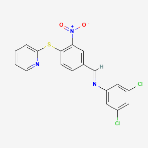 molecular formula C18H11Cl2N3O2S B2596763 3,5-Dichloro-n-((3-nitro-4-(2-pyridinylsulfanyl)phenyl)methylene)aniline CAS No. 297150-28-8