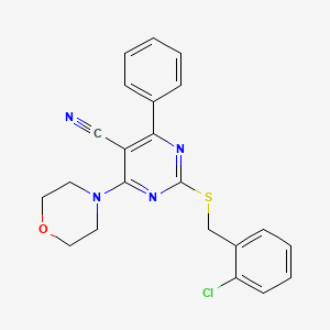 molecular formula C22H19ClN4OS B2596772 2-[(2-Chlorobenzyl)sulfanyl]-4-morpholino-6-phenyl-5-pyrimidinecarbonitrile CAS No. 303985-75-3