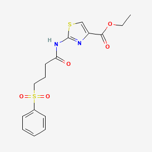 molecular formula C16H18N2O5S2 B2596790 2-(4-(Fenilsulfonil)butanamido)tiazol-4-carboxilato de etilo CAS No. 922982-36-3