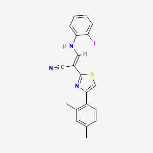 molecular formula C20H16IN3S B2596830 (2E)-2-[4-(2,4-dimethylphenyl)-1,3-thiazol-2-yl]-3-[(2-iodophenyl)amino]prop-2-enenitrile CAS No. 477292-34-5