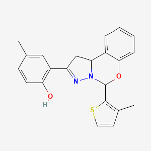 molecular formula C22H20N2O2S B2596903 4-甲基-2-(5-(3-甲基噻吩-2-基)-5,10b-二氢-1H-苯并[e]吡唑并[1,5-c][1,3]噁嗪-2-基)苯酚 CAS No. 899973-42-3