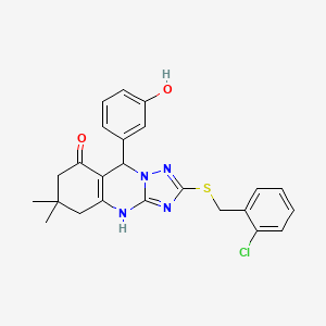 molecular formula C24H23ClN4O2S B2596929 2-((2-chlorobenzyl)thio)-9-(3-hydroxyphenyl)-6,6-dimethyl-5,6,7,9-tetrahydro-[1,2,4]triazolo[5,1-b]quinazolin-8(4H)-one CAS No. 536986-82-0
