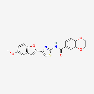molecular formula C21H16N2O5S B2596945 N-(4-(5-methoxybenzofuran-2-yl)thiazol-2-yl)-2,3-dihydrobenzo[b][1,4]dioxine-6-carboxamide CAS No. 922079-42-3