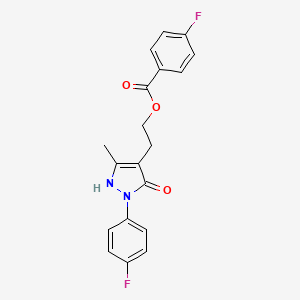 molecular formula C19H16F2N2O3 B2597010 4-氟苯甲酸2-[2-(4-氟苯基)-5-甲基-3-氧代-2,3-二氢-1H-吡唑-4-基]乙酯 CAS No. 866018-41-9