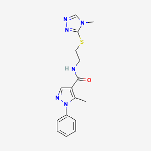 molecular formula C16H18N6OS B2597012 5-methyl-N-(2-((4-methyl-4H-1,2,4-triazol-3-yl)thio)ethyl)-1-phenyl-1H-pyrazole-4-carboxamide CAS No. 1251685-16-1