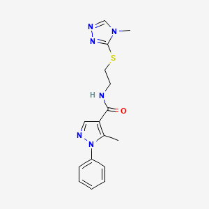 molecular formula C16H18N6OS B2597012 5-甲基-N-(2-((4-甲基-4H-1,2,4-三唑-3-基)硫代)乙基)-1-苯基-1H-吡唑-4-甲酰胺 CAS No. 1251685-16-1