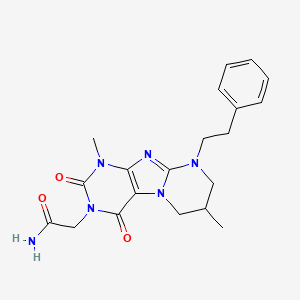 molecular formula C20H24N6O3 B2597013 2-[1,7-Dimethyl-2,4-dioxo-9-(2-phenylethyl)-7,8-dihydro-6H-purino[7,8-a]pyrimidin-3-yl]acetamide CAS No. 877616-34-7