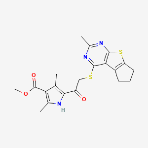 molecular formula C20H21N3O3S2 B2597033 methyl 2,4-dimethyl-5-{[(2-methyl-6,7-dihydro-5H-cyclopenta[4,5]thieno[2,3-d]pyrimidin-4-yl)sulfanyl]acetyl}-1H-pyrrole-3-carboxylate CAS No. 315711-70-7
