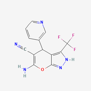 molecular formula C13H8F3N5O B2597175 6-Amino-4-(pyridin-3-yl)-3-(trifluoromethyl)-1,4-dihydropyrano[2,3-c]pyrazole-5-carbonitrile CAS No. 353762-21-7