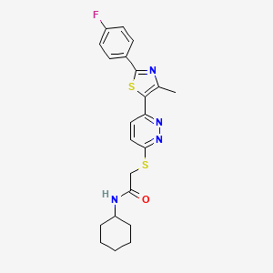 molecular formula C22H23FN4OS2 B2597191 N-环己基-2-((6-(2-(4-氟苯基)-4-甲基噻唑-5-基)吡哒嗪-3-基)硫代)乙酰胺 CAS No. 923679-10-1