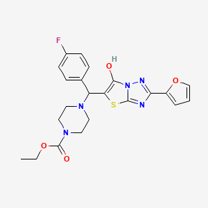 molecular formula C22H22FN5O4S B2597243 Ethyl 4-((4-fluorophenyl)(2-(furan-2-yl)-6-hydroxythiazolo[3,2-b][1,2,4]triazol-5-yl)methyl)piperazine-1-carboxylate CAS No. 887222-16-4