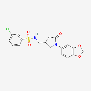 molecular formula C18H17ClN2O5S B2597249 N-((1-(benzo[d][1,3]dioxol-5-yl)-5-oxopyrrolidin-3-yl)methyl)-3-chlorobenzenesulfonamide CAS No. 954715-19-6