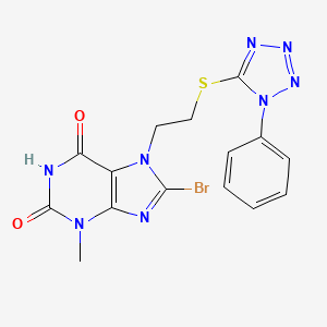 molecular formula C15H13BrN8O2S B2597270 8-Bromo-3-methyl-7-[2-(1-phenyltetrazol-5-yl)sulfanylethyl]purine-2,6-dione CAS No. 671758-55-7