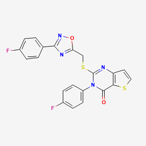 molecular formula C21H12F2N4O2S2 B2597306 3-(4-fluorophenyl)-2-(((3-(4-fluorophenyl)-1,2,4-oxadiazol-5-yl)methyl)thio)thieno[3,2-d]pyrimidin-4(3H)-one CAS No. 1223860-29-4