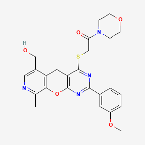 molecular formula C25H26N4O5S B2597406 2-{[11-(Hydroxymethyl)-5-(3-methoxyphenyl)-14-methyl-2-oxa-4,6,13-triazatricyclo[8.4.0.0^{3,8}]tetradeca-1(10),3(8),4,6,11,13-hexaen-7-yl]sulfanyl}-1-(morpholin-4-yl)ethan-1-one CAS No. 892381-64-5