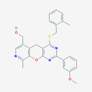 molecular formula C27H25N3O3S B2597434 [5-(3-Methoxyphenyl)-14-methyl-7-{[(2-methylphenyl)methyl]sulfanyl}-2-oxa-4,6,13-triazatricyclo[8.4.0.0^{3,8}]tetradeca-1(10),3(8),4,6,11,13-hexaen-11-yl]methanol CAS No. 892418-60-9