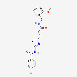 molecular formula C21H20ClN3O3S B2597468 4-氯-N-(4-(3-((2-甲氧基苄基)氨基)-3-氧代丙基)噻唑-2-基)苯甲酰胺 CAS No. 1021229-90-2