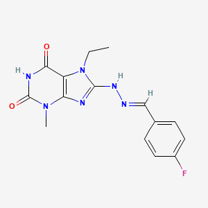 molecular formula C15H15FN6O2 B2597554 (E)-7-ethyl-8-(2-(4-fluorobenzylidene)hydrazinyl)-3-methyl-1H-purine-2,6(3H,7H)-dione CAS No. 682776-28-9