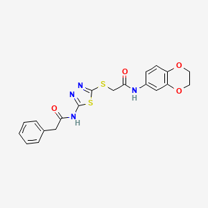 molecular formula C20H18N4O4S2 B2597561 N-(2,3-dihydrobenzo[b][1,4]dioxin-6-yl)-2-((5-(2-phenylacetamido)-1,3,4-thiadiazol-2-yl)thio)acetamide CAS No. 868974-77-0