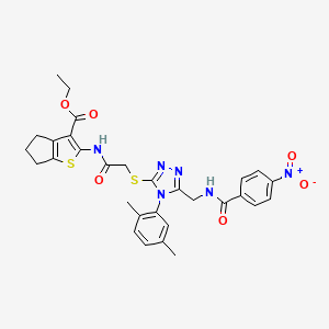 molecular formula C30H30N6O6S2 B2597568 ethyl 2-[[2-[[4-(2,5-dimethylphenyl)-5-[[(4-nitrobenzoyl)amino]methyl]-1,2,4-triazol-3-yl]sulfanyl]acetyl]amino]-5,6-dihydro-4H-cyclopenta[b]thiophene-3-carboxylate CAS No. 393849-39-3