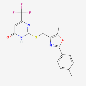 molecular formula C17H14F3N3O2S B2597575 2-(((5-Methyl-2-(p-tolyl)oxazol-4-yl)methyl)thio)-6-(trifluoromethyl)pyrimidin-4-ol CAS No. 1040634-84-1