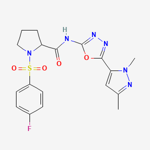 molecular formula C18H19FN6O4S B2597708 N-(5-(1,3-二甲基-1H-吡唑-5-基)-1,3,4-恶二唑-2-基)-1-((4-氟苯基)磺酰基)吡咯烷-2-甲酰胺 CAS No. 1219147-47-3