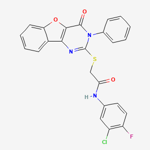 molecular formula C24H15ClFN3O3S B2597774 N-(3-chloro-4-fluorophenyl)-2-[(4-oxo-3-phenyl-3,4-dihydro[1]benzofuro[3,2-d]pyrimidin-2-yl)thio]acetamide CAS No. 866873-60-1