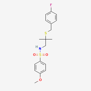 molecular formula C18H22FNO3S2 B2597813 N-{2-[(4-fluorobenzyl)sulfanyl]-2-methylpropyl}-4-methoxybenzenesulfonamide CAS No. 339104-23-3