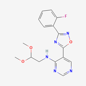 molecular formula C16H16FN5O3 B2597840 N-(2,2-二甲氧基乙基)-5-[3-(2-氟苯基)-1,2,4-恶二唑-5-基]嘧啶-4-胺 CAS No. 2034571-65-6