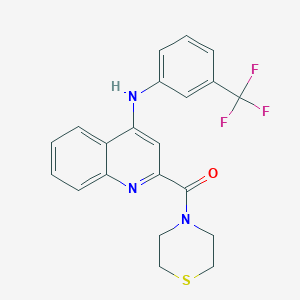 molecular formula C21H18F3N3OS B2597954 2-(4-((3-(トリフルオロメチル)フェニル)アミノ)キノリン-2-イル)チオモルホリノン CAS No. 1226453-76-4