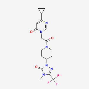 molecular formula C18H21F3N6O3 B2598057 6-cyclopropyl-3-(2-(4-(4-methyl-5-oxo-3-(trifluoromethyl)-4,5-dihydro-1H-1,2,4-triazol-1-yl)piperidin-1-yl)-2-oxoethyl)pyrimidin-4(3H)-one CAS No. 2034511-84-5