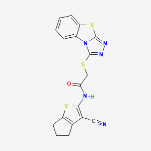 molecular formula C18H13N5OS3 B2598110 N-{3-cyano-4H,5H,6H-cyclopenta[b]thiophen-2-yl}-2-{7-thia-2,4,5-triazatricyclo[6.4.0.0^{2,6}]dodeca-1(8),3,5,9,11-pentaen-3-ylsulfanyl}acetamide CAS No. 442865-34-1