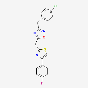molecular formula C19H13ClFN3OS B2598116 3-(4-Chlorobenzyl)-5-((4-(4-fluorophenyl)thiazol-2-yl)methyl)-1,2,4-oxadiazole CAS No. 1112360-84-5