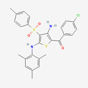 molecular formula C27H25ClN2O3S2 B2598215 (3-Amino-5-(mesitylamino)-4-tosylthiophen-2-yl)(4-chlorophenyl)methanone CAS No. 947169-32-6