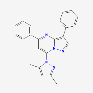 molecular formula C23H19N5 B2598260 7-(3,5-dimethyl-1H-pyrazol-1-yl)-3,5-diphenylpyrazolo[1,5-a]pyrimidine CAS No. 956387-20-5