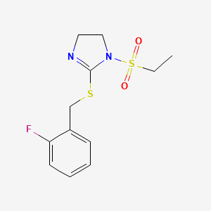 molecular formula C12H15FN2O2S2 B2598317 1-Ethylsulfonyl-2-[(2-fluorophenyl)methylsulfanyl]-4,5-dihydroimidazole CAS No. 868218-48-8