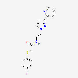 molecular formula C18H17FN4OS B2598390 2-((4-氟苯基)硫代)-N-(2-(3-(吡啶-2-基)-1H-吡唑-1-基)乙基)乙酰胺 CAS No. 1448065-26-6