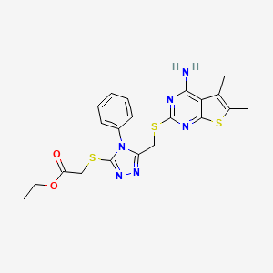 molecular formula C21H22N6O2S3 B2598421 Ethyl 2-[[5-[(4-amino-5,6-dimethylthieno[2,3-d]pyrimidin-2-yl)sulfanylmethyl]-4-phenyl-1,2,4-triazol-3-yl]sulfanyl]acetate CAS No. 433690-60-9