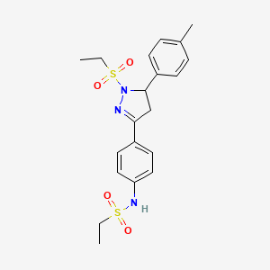 molecular formula C20H25N3O4S2 B2598494 N-{4-[1-(ethanesulfonyl)-5-(4-methylphenyl)-4,5-dihydro-1H-pyrazol-3-yl]phenyl}ethane-1-sulfonamide CAS No. 851781-35-6